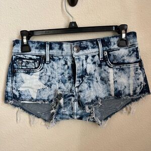 True Religion Blue and White Jean Shorts with Distressed Raw Hem